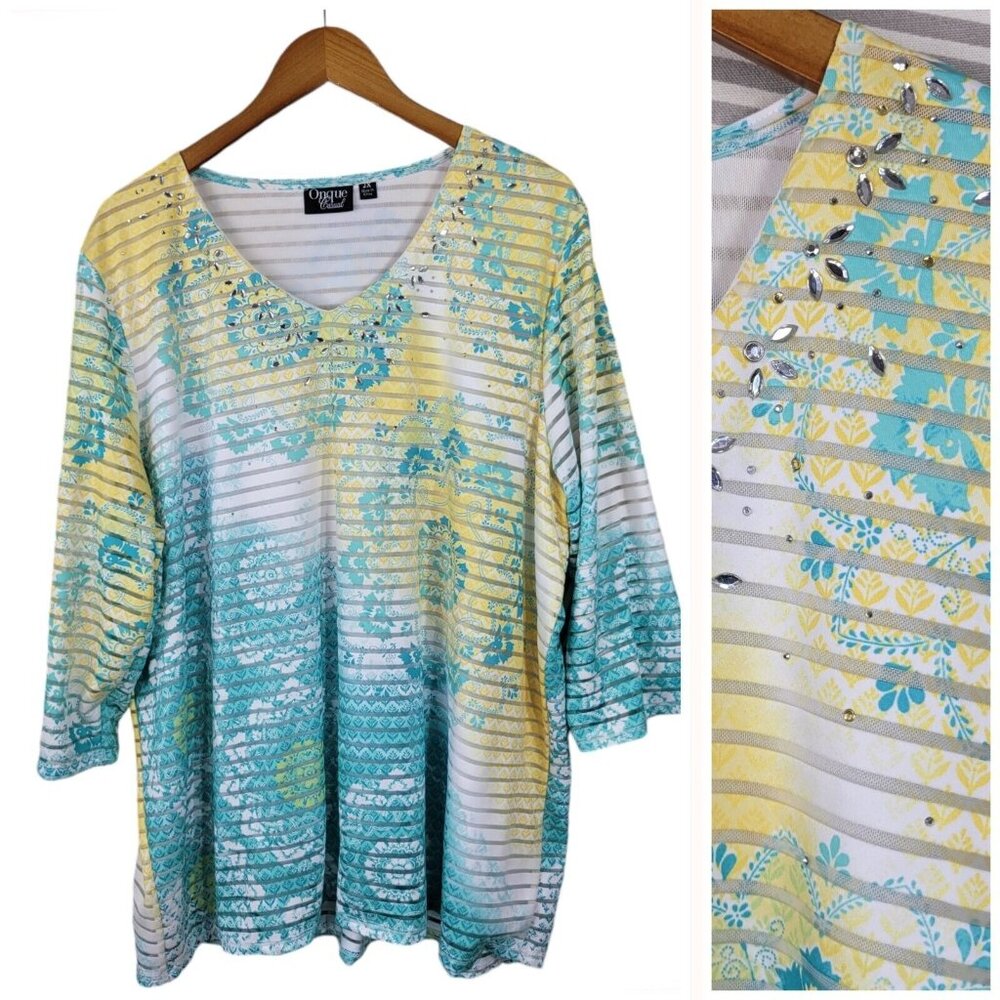 Onque Top Plus Size 2X Stretch Festival Geometric Net Blue Yellow Womens